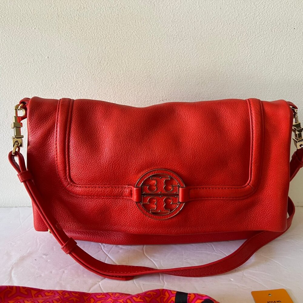 $495 TORY BURCH AMANDA FOLDOVER LEATHER CROSSBODY BAG FLAME RED - Picture 2 of 10